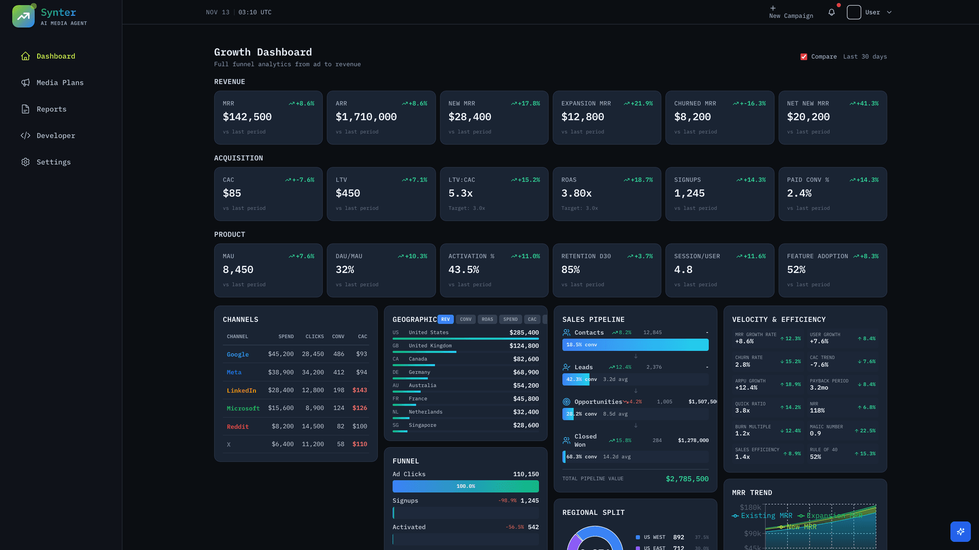 Synter dashboard showing campaign performance with ROAS metrics