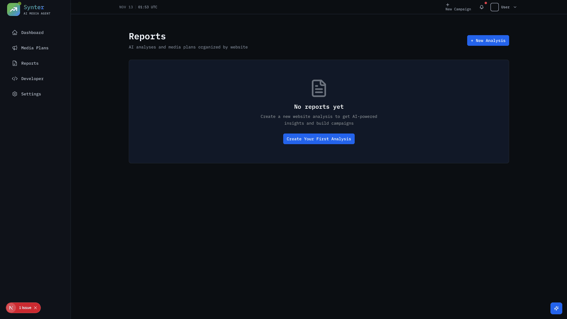 Saved website analyses dashboard