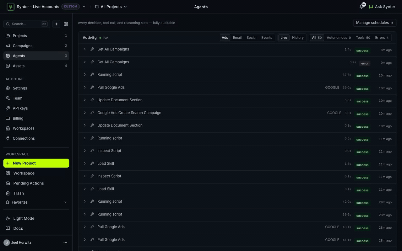 Agent activity log with tool receipts and approval state